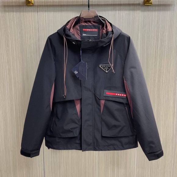 Prada Other - Prada Black Raincoat with Burgundy Trim and Hood